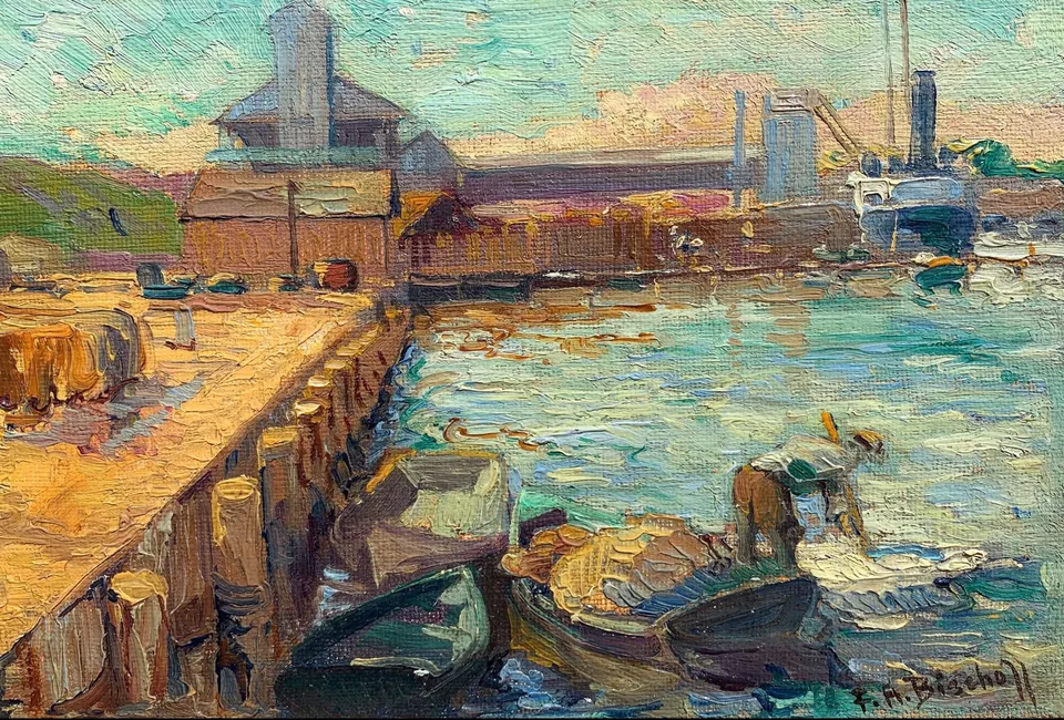 Franz A. Bischoff, San Pedro Docks, oil on canvas on board